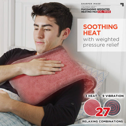 Calming Heat Massaging Weighted Heating Pad by Sharper Image- Electric Heating Pad with Massaging Vibrations, Auto-Off,12 Settings- 3 Heat, 9 Massage- 27 Relaxing Combinations, 12” x 24”, 4lbs