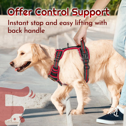 Eagloo Dog Harness for Large Dogs, Easy Wearing with 3 Buckles, Adjustable No Pull Pet Harness with 2 Rings for Walking, No Chock Reflective Soft Padded Vest with Control Handle, Black & Red, L