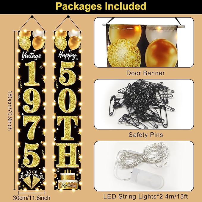 50th Birthday Party Banner Lighted Decorations for Men and Women - Black Gold Vintage 1975 50th Birthday Door Banners with LED Light, Fifty Years Birthday Party Supplies for Indoor Outdoor Decor