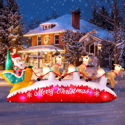 10FT Long Christmas Inflatables Santa Claus with Reindeer Sleigh Outdoor Decorations, Build-in Rotating Colorful LEDs Santa Blow up Yard Decoration for Holiday Xmas Party Indoor Lawn Christmas Eve