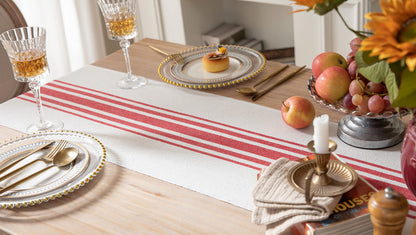 Christmas Table Runner 13 x 72 Inch for Dining Table, Boho décor Coffee Table Runner with Handcrafted Tassels, red and Beige Stripe Table Runner for Holiday, Winter