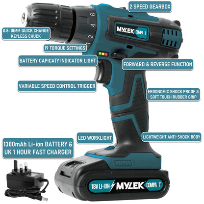 MYLEK MY18BCM1 Cordless Drill 18V, 1500 mAh Li-Ion Driver 28Nm, 1 Hour Electric Quick Charge, 2 Speed, LED Work Light, Carry Case with Accessory Kit, Variable Speed & Quick Stop Function
