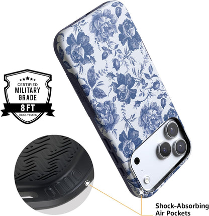 Casely iPhone 17 Pro Max Case | Rose to Fame | Blue & White Rose Floral | Compatible with MagSafe | Bold Protective Design