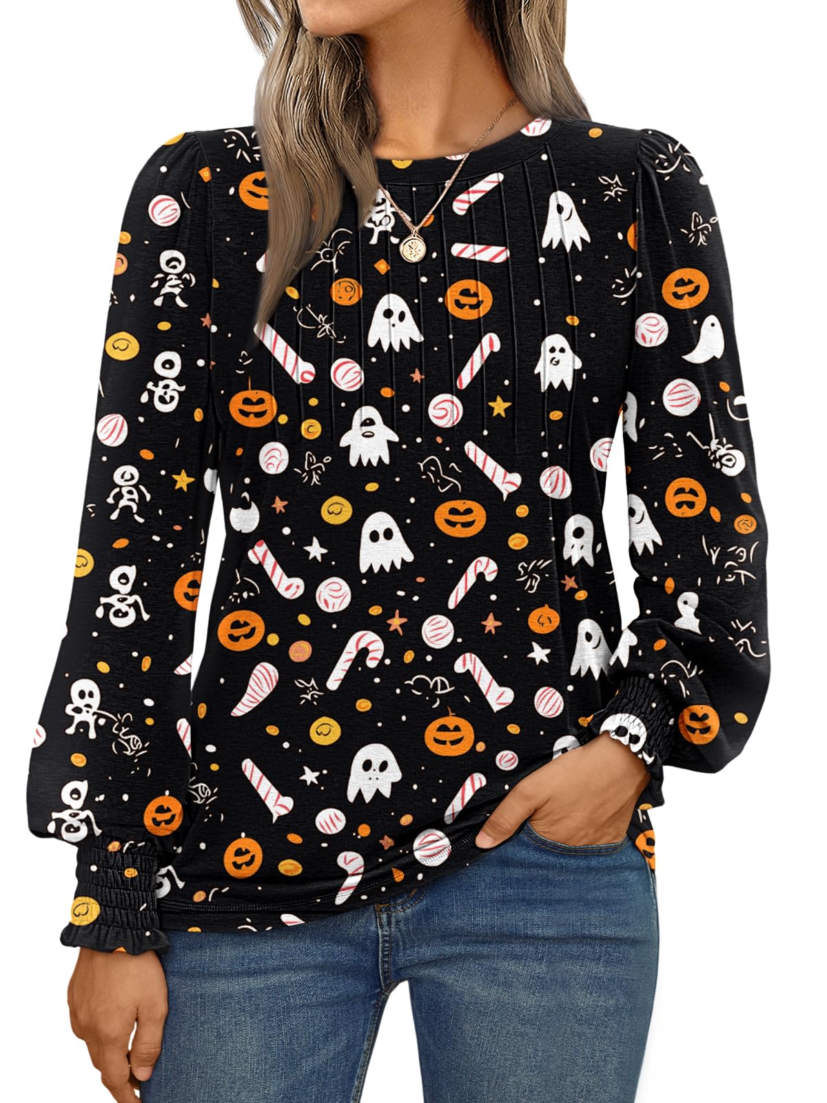 AUTOMET Long Sleeve Shirts Womens Halloween Fall Fashion 2025 Business Casual Tops Womens Trendy Dressy Blouses Cute Work Loose Fit Tee T Tshirts Ladies Tunic Clothes Outfit Clothing Legging Pumpkin