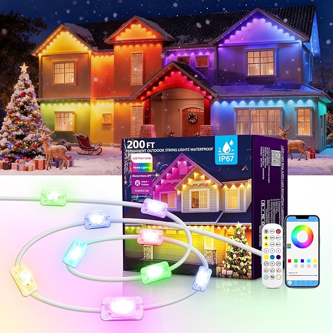200FT Christmas Permanent Outdoor Lights,RGB+IC Eaves Lights with App & Remote Control,DIY Multi-Color Scene Modes,IP67 Waterproof,Outdoor Strings for House,Holiday Decorations for Christmas