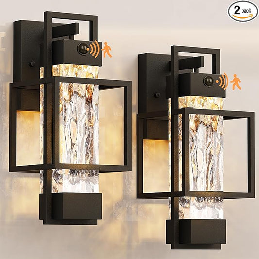 PARTPHONER Modern Motion Sensor Outdoor Wall Lights 2 Pack, 15" Exterior Wall Sconce Waterproof Porch Light, Outside Light for House with Water Glass for Garage Doorway-Only Lights up with Motion