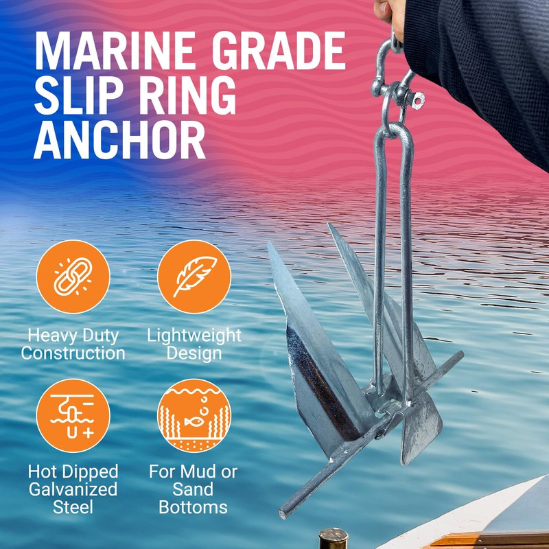 Boat Anchor with Slip Ring, Fluke Design for Pontoon, Jon Boat, or Small Boats, Galvanized Steel Marine Grade, Suitable for Sea and Lake, 5 lb Anchor for Boats 20-24 ft