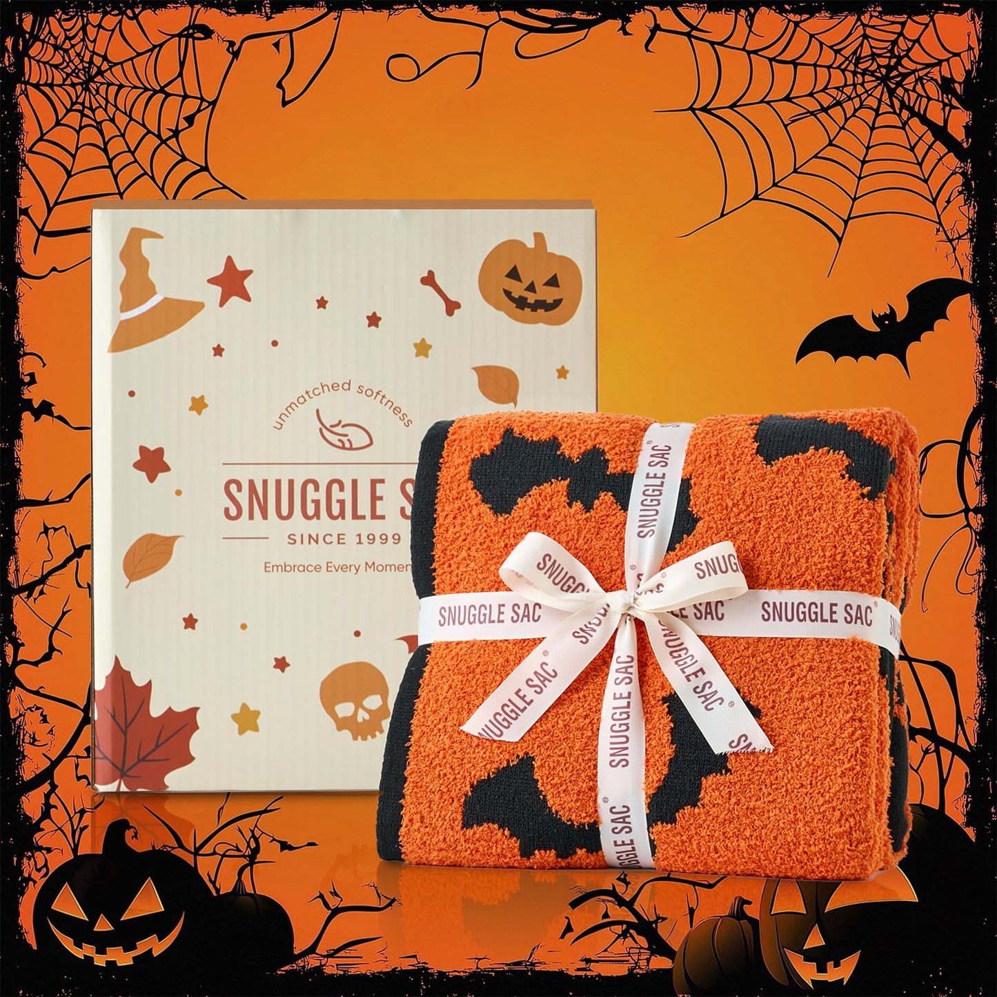 Snuggle Sac Halloween Throw Blanket Orange Pumpkin Bat Blanket,Reversible Rip Lightweight Soft Blanket for Decorating Couch Sofa Bed, Spooky Gift for Women Men Kids,50×60 inches