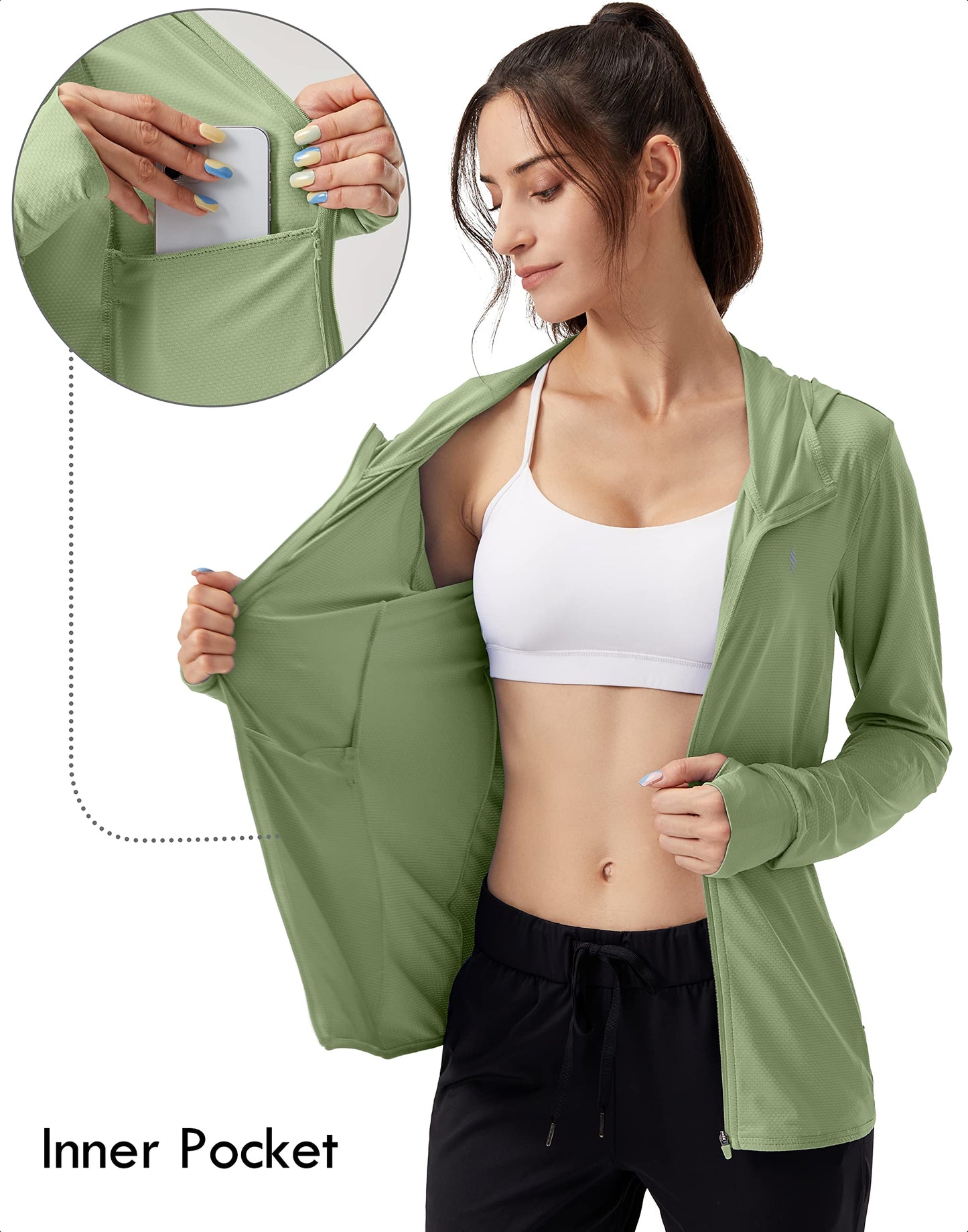 Soothfeel Women's UPF 50+ Sun Protection Hoodie Jacket Lightweight Long Sleeve Sun Shirt for Women with Pocket Hiking Outdoor(Olive, Small)