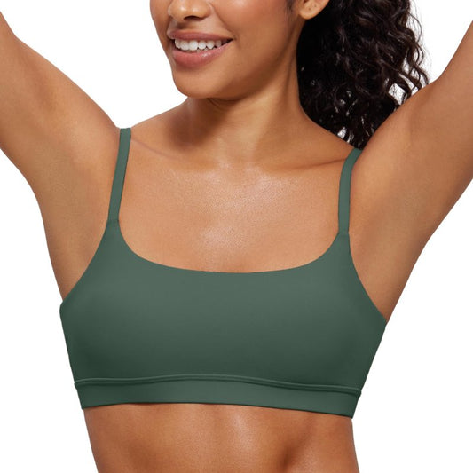 CRZ YOGA Butterluxe Adjustable Spaghetti Strap Sports Bras for Women - Scoop Neck Wireless Padded Yoga Workout Crop Top Dark Forest Green Small