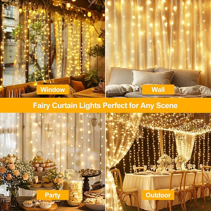 200 LED Fairy Curtain Lights, 6.6 x 6.6 FT Warm White USB Plug in 8 Modes String Hanging Lights with Remote for Christmas, Bedroom, Indoor, Outdoor, Weddings, Party (Warm White)