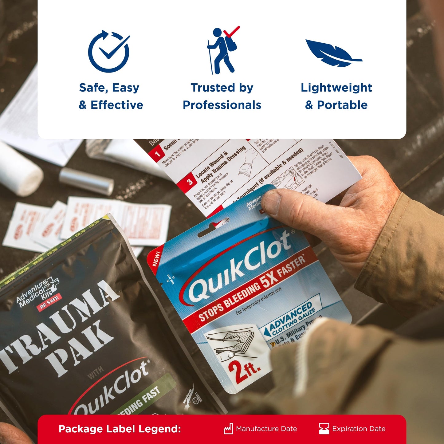 Adventure Medical Kits QuikClot Gauze - Flexible Hemostatic Medical Gauze for Emergency Survival or Disaster Preparedness Kits & More - Stops Bleeding Fast with Kaolin - 3" x 24"