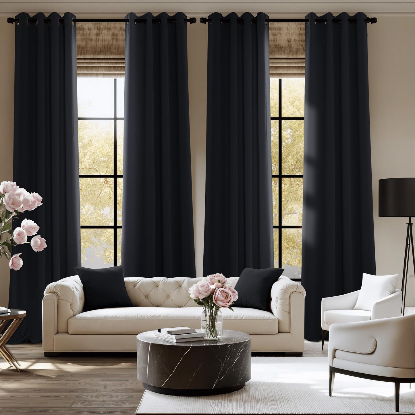 NICETOWN 100% Black Out Halloween Curtains 84 Inches Long 2 Panels for Living Room, Bedroom, Office Thermal Insulated Blackout Drapes Solid Grommet Noise Reducing Window Curtains, W40
