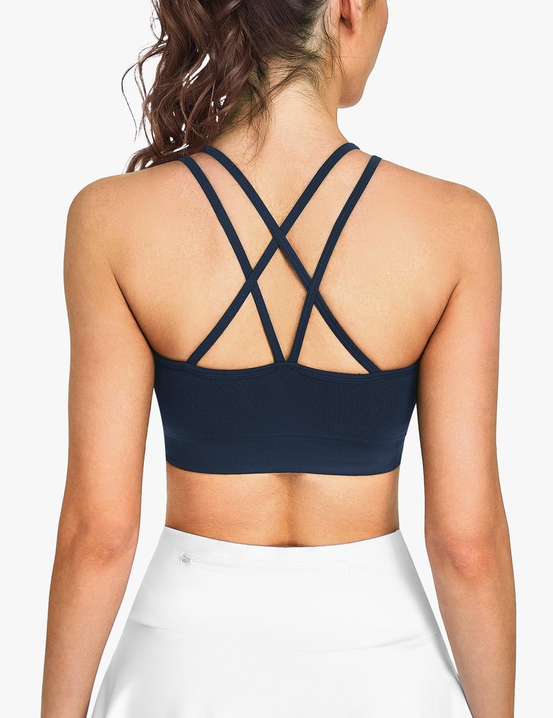 WANAYOU Sports Bras for Women, Cross Back Strappy Medium Impact Sports Bras Padded Wireless Seamless Spaghetti Strap Workout Bra for Athletic Exercise Fitness 3 Pack Black White Navy Blue Large