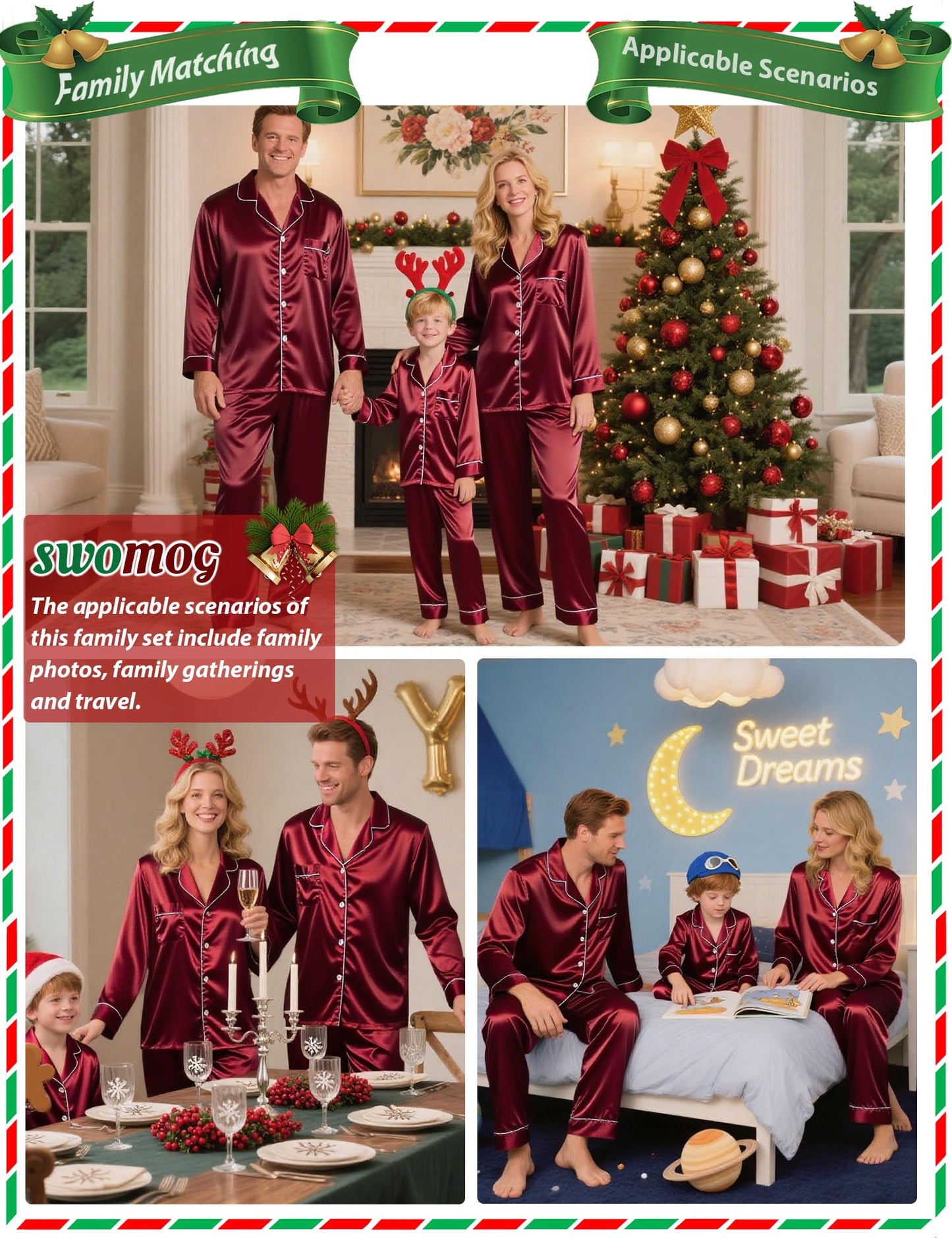 SWOMOG Family Matching Pajamas Set Silk Satin Button Down Sleepwear Long Sleeve Nightwear 2 Pcs Pj Set Men Wine Red Large