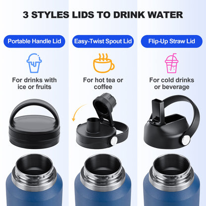 HYDROWION 32oz Stainless Steel Water Bottle(Cold for 48 Hrs, Hot for 24 Hrs),Double Wall Vacuum Insulated Water Bottle with Straw Lid, Spout Lid and Flex Cap, Fit in Any Car Cup Holder,Black