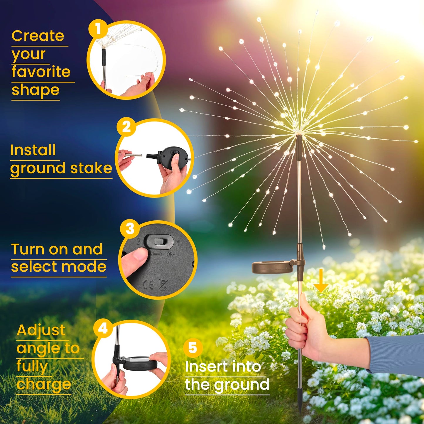 GIGALUMI Solar Lights Outdoor Garden, Solar Firework Lights 120 LEDs 4 Packs, Starburst Light Waterproof for Yard Lawn Party Patio Wedding Decor(Warm White)
