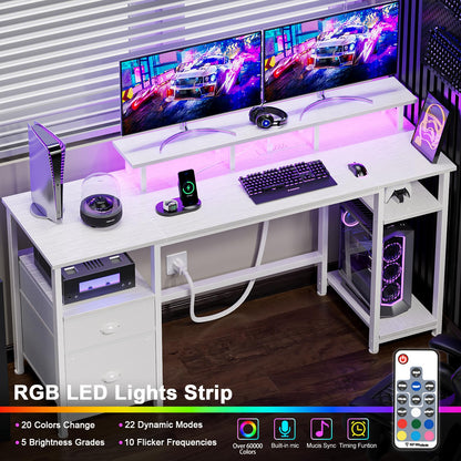 Furologee 61" Desk with LED Light & Power Outlets, Reversible Computer Table with File Cabinet & Drawer, White Gaming Desk Writing Table with Dual Monitor Stand, for Home/Office/White