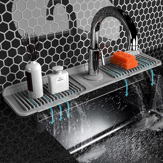 Folding sink splash guard behind faucet-faucet mat