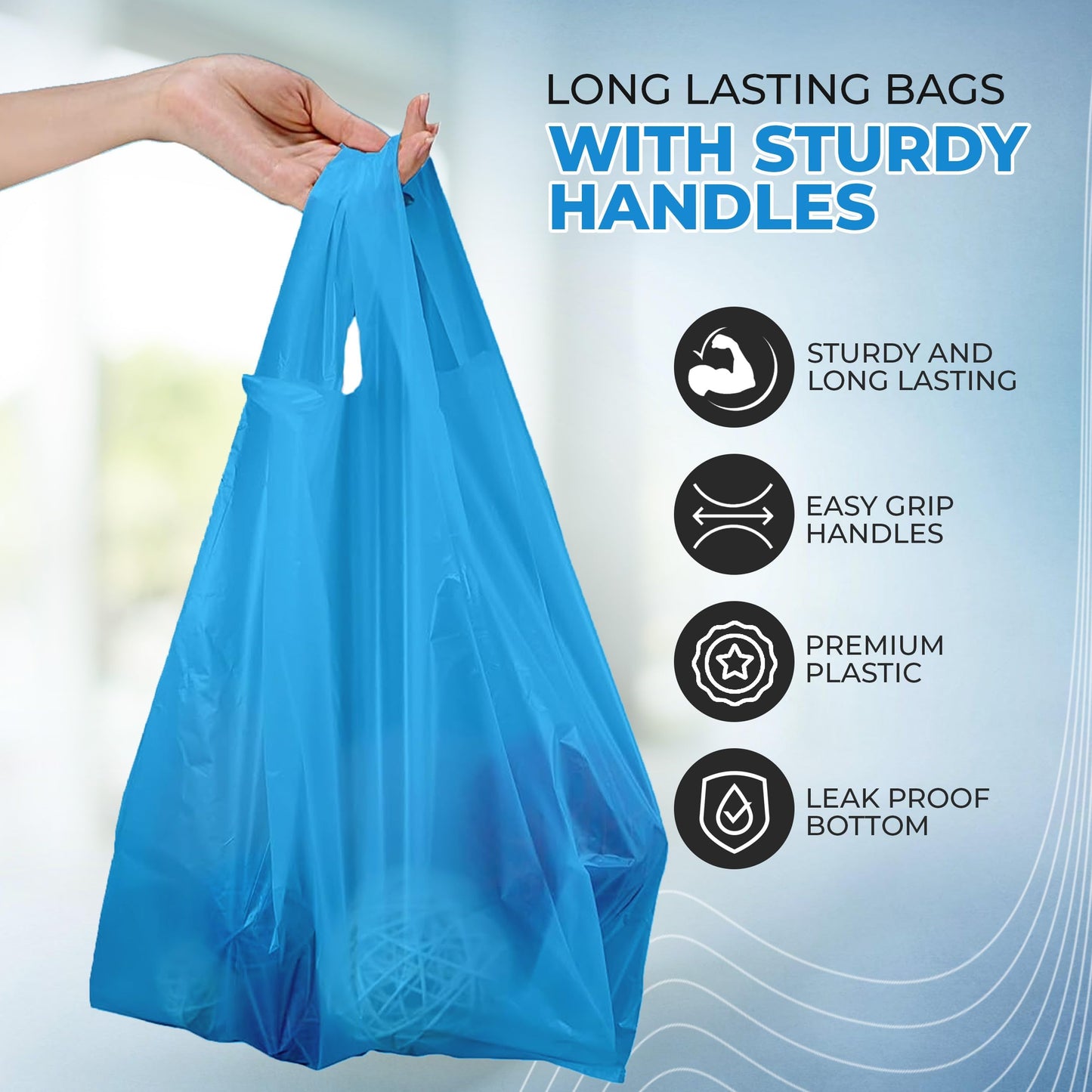 FERRIS | 200pk Strong Large Vest Carrier Bags with Handles | Multi-Purpose Heavy Duty Plastic Bags 11 x 17 x 21 | Use for Shopping, Market-Stalls, Takeaway, Groceries or General use in Kitchen (Blue)