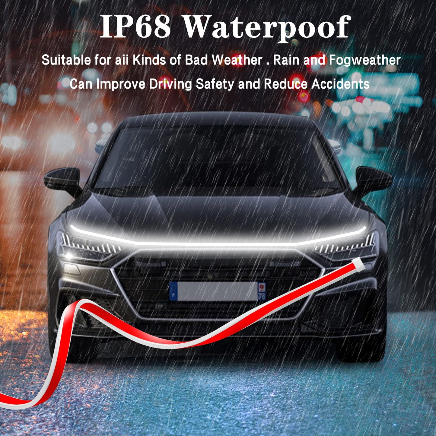 HConce 59 Inch Car Hood Light Strip, Dynamic LED Strip Light, Exterior Flexible Headlight Waterproof Daytime Running Light Strip for Truck, SUV (White Light)