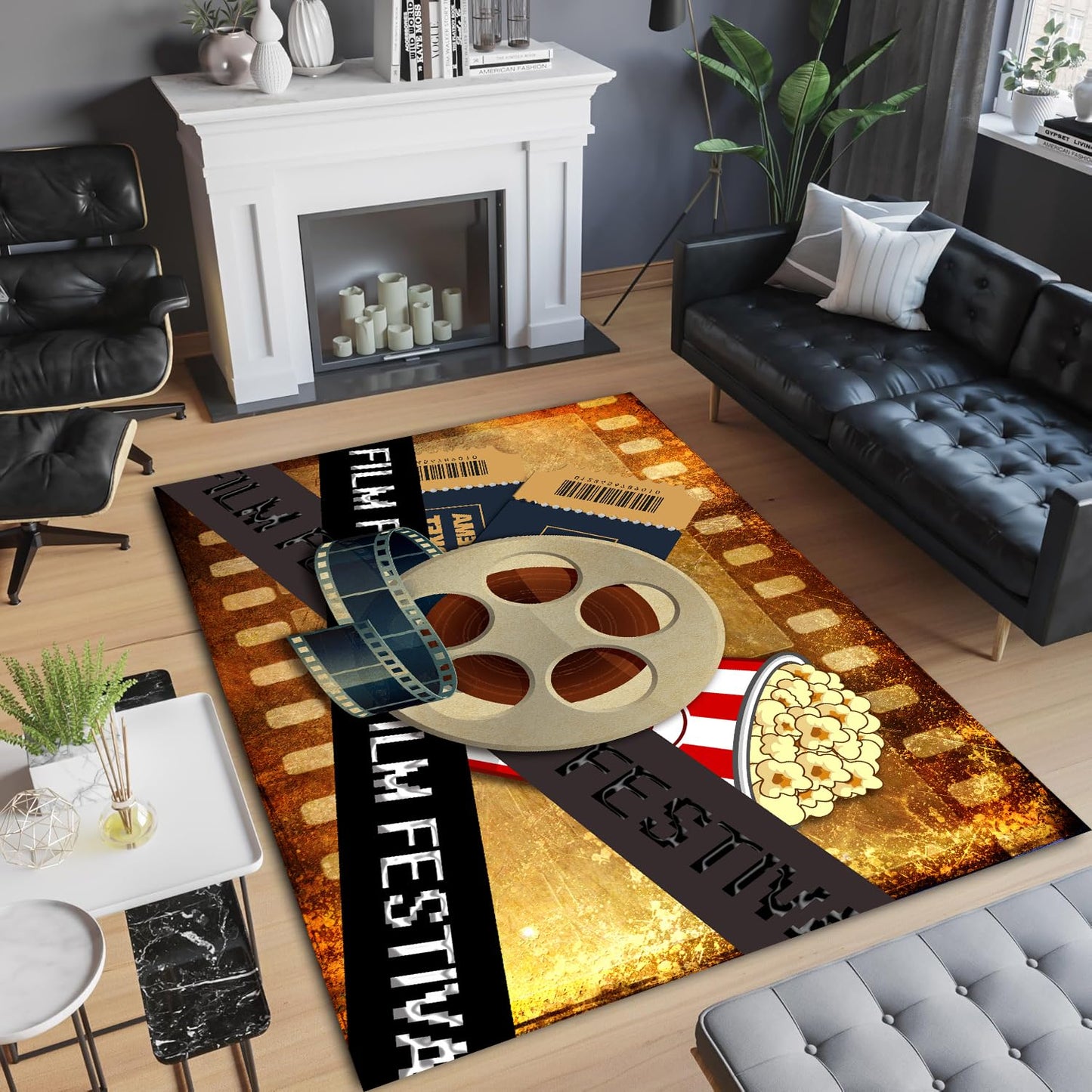 Film Festival Themed Rug, 6x8ft Soft Kids Bedroom Carpet, Non-Slip Easy Clean Rug, Film Reel Ticket Popcorn Carpet, Rustic Entrance Bathroom Mat, for Living Room Family Room Movie Area