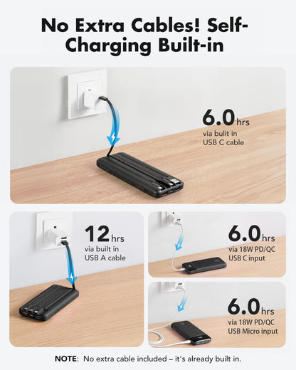 Charmast Power Bank, 20000mAh Built-in 4 Cables Portable Charger, 20W Fast Charging Battery Pack with 4 Ports, USB-C Powerbank for iPhone 16/15/14 Series, iPad, AirPods, Android Phone,and more(Black)