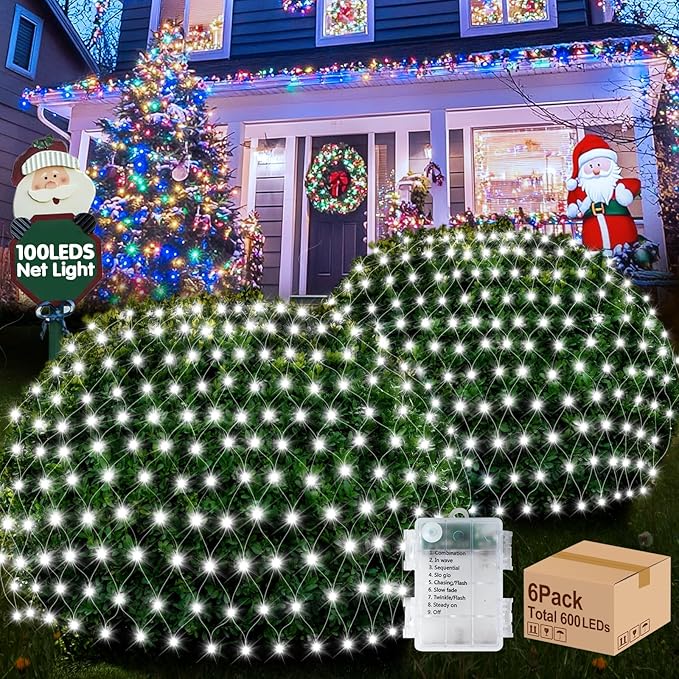 Hezbjiti Pack of 6 Battery Operated Christmas Lights Outdoor Total 600LED Waterproof Timed Memory Net Mesh Lights for Xmas Trees Bushes Garden Yard Lawn Patio Christmas Decor (Cool White)