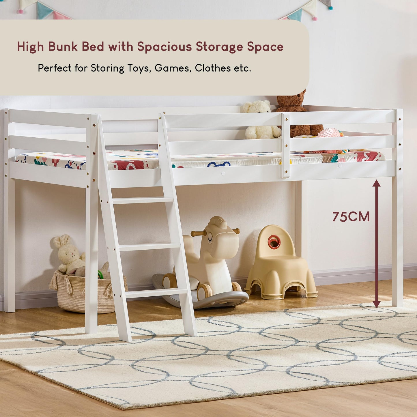 Vida Designs Sydney High Sleeper Cabin Bunk Bed With Ladder, Solid Pine Wood Frame, Kids Children, Single 3 Foot, White