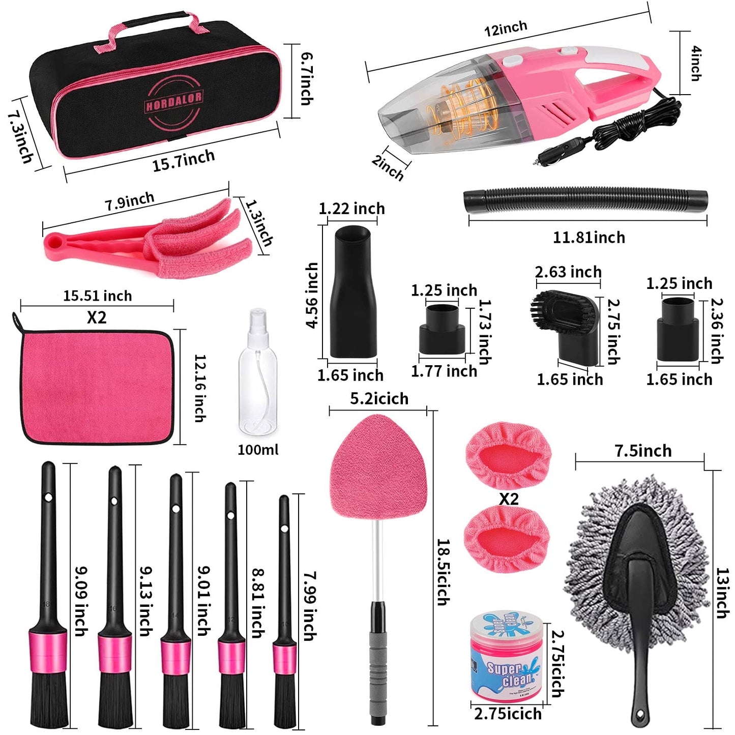 HORDALOR Pink Car Interior Detailing Kit, 16Pcs Car Cleaning Kit with High Power Handheld Vacuum, Detailing Brush Set, Cleaning Gel, Windshield Cleaning Tool, Complete Car Cleaning Supplies for Women