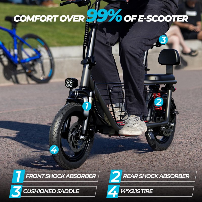 WINDHORSE C3 Adults Electric Scooter with Seat - 14” Tire, 500W Brushless Motor, 3 Speed Modes, Cruise Control, Dual Suspension, 25 Mile Range, 22MPH, Adjustable E-Scooter for Teens with Basket