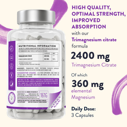 Aavalabs Magnesium Supplements for Women and Men - 2400mg per Daily Dose - (360mg Elemental) - 180 Magnesium Citrate Capsules - 3 Capsules Per Day - Vegan