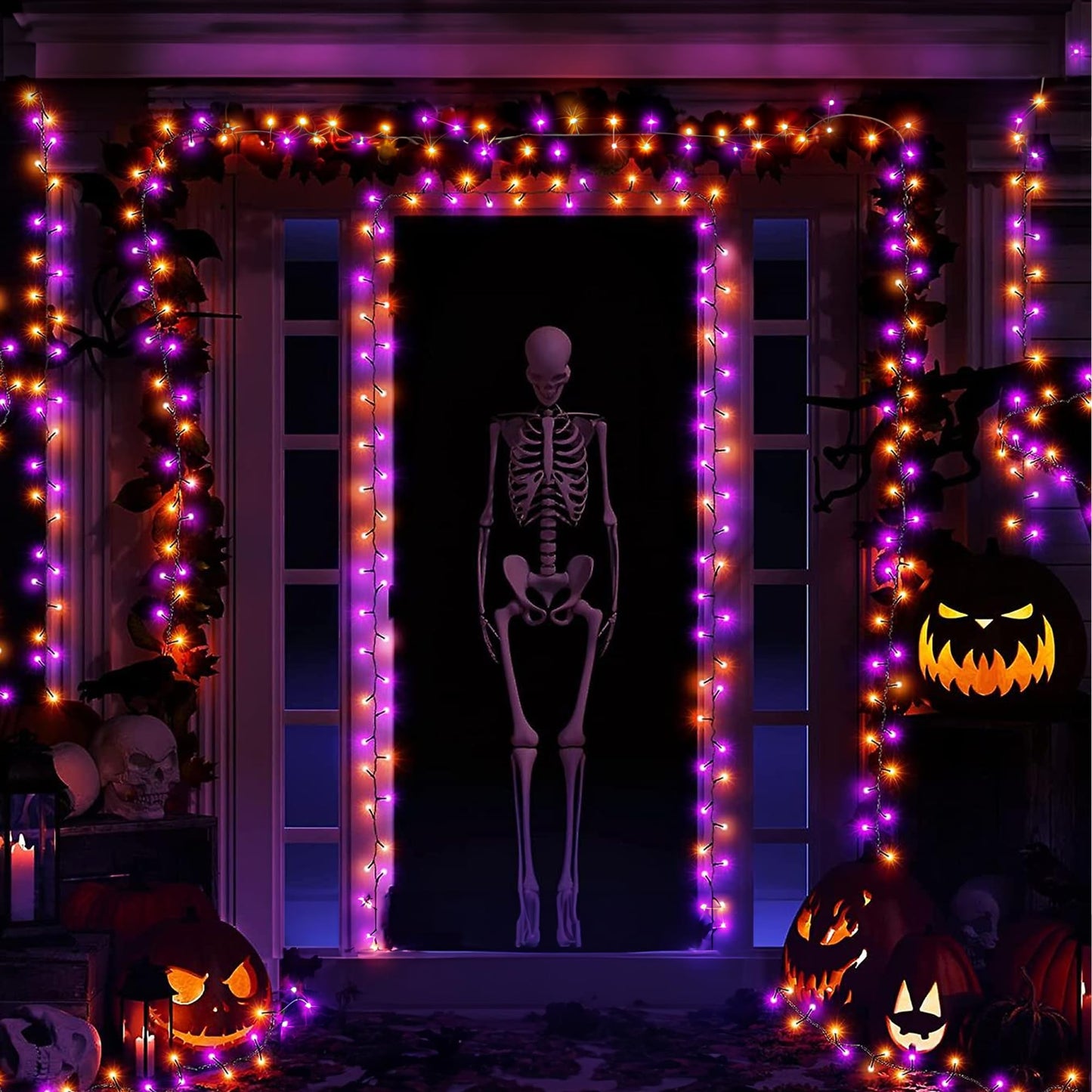 Dazzle Bright 164 FT 500 LED Halloween String Lights, Waterproof Halloween String Lights Black Wire with 8 Modes, Outdoor Halloween Decorations for Indoor Party Yard Wedding Decor, Purple & Orange