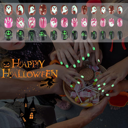 JANYUN Halloween Luminous Kids Fake Nails, 192 PcsGlowing Short Glow in Dark False Nails with Pumpkin Spider Bat for Girls Nail Art Party Decoration (Halloween Luminous)