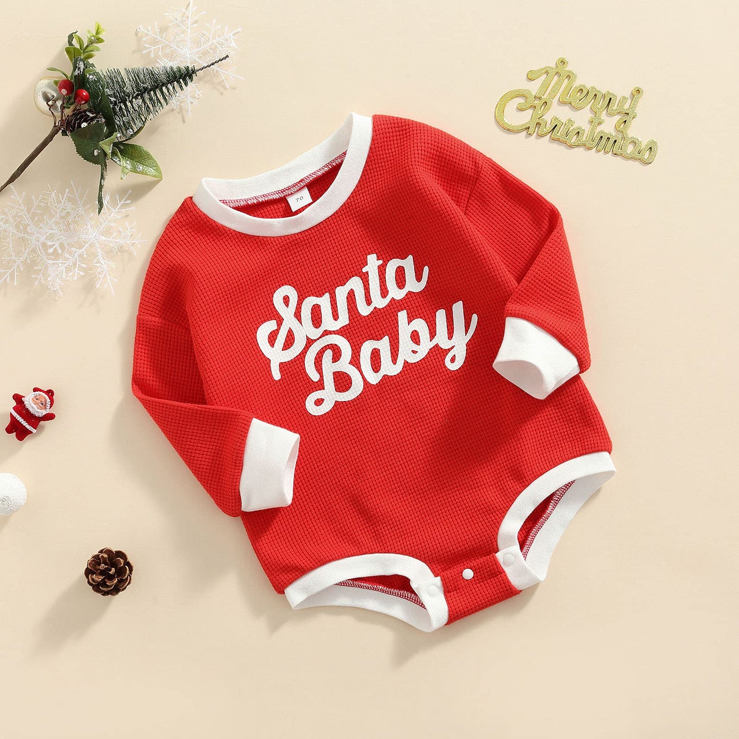 Baby Girl Boy Christmas Sweater Outfit Santa Baby Crewneck Sweatshirt Romper Long Sleeve Oversized Waffle Knit Onesie Pullover Top (A Waffle Knitted Santa Red,0-6 Months)