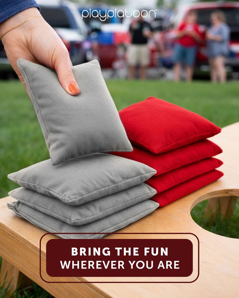 Play Platoon Weather Resistant Cornhole Bags - Set of 8 Regulation Size - Red & Gray - Durable Duck Cloth for Tossing Game, Includes Tote Bag
