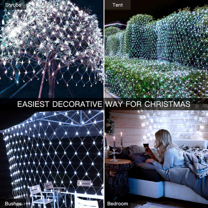 Ollny Net Lights Outdoor Mesh Lights IP67 Waterproof, 210LED 10x7ft Cool White Christmas Net Lights, Connectable Remote 8 Modes Tree Light for Bushes Shrubs Lawn Indoor Decorations