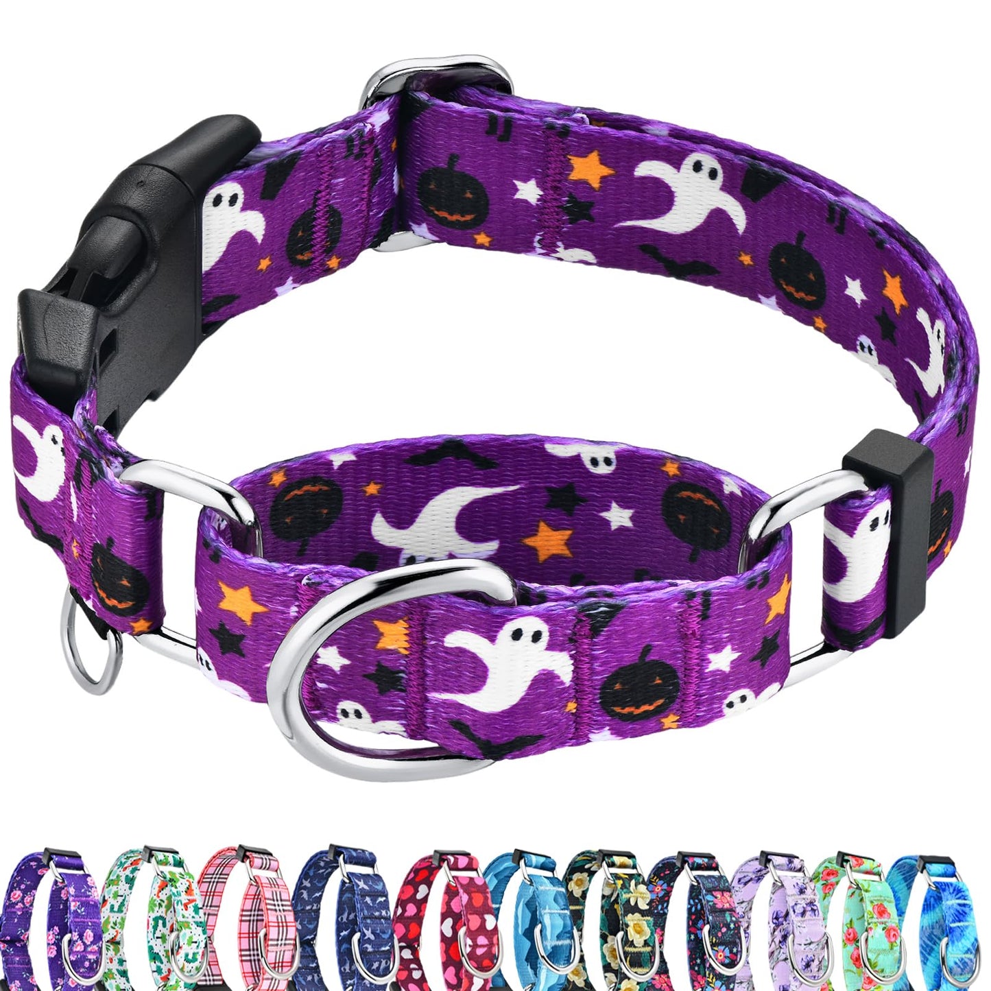 Fidohug Halloween Martingale Collar for Dogs with Buckle Adjustable Holiday Dog Collars (Purple Ghost, Medium)