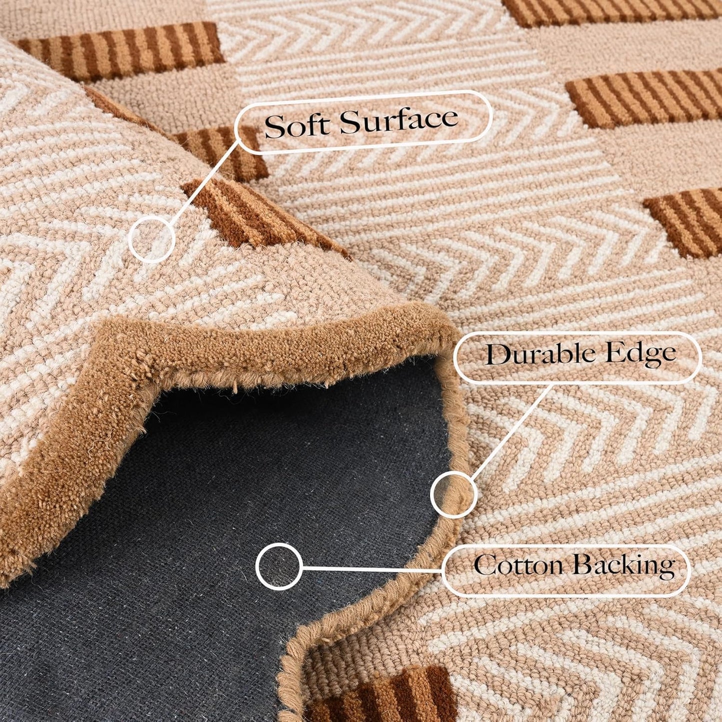 Handmade Scalloped Wool Area Rug - Modern Geometric Pattern, Green-Beige Stripes, Checkered Chevron Design - Soft, Durable Thick Carpet for Living Room, Bedroom, Dining Room (Light Brown, 4' x 6')
