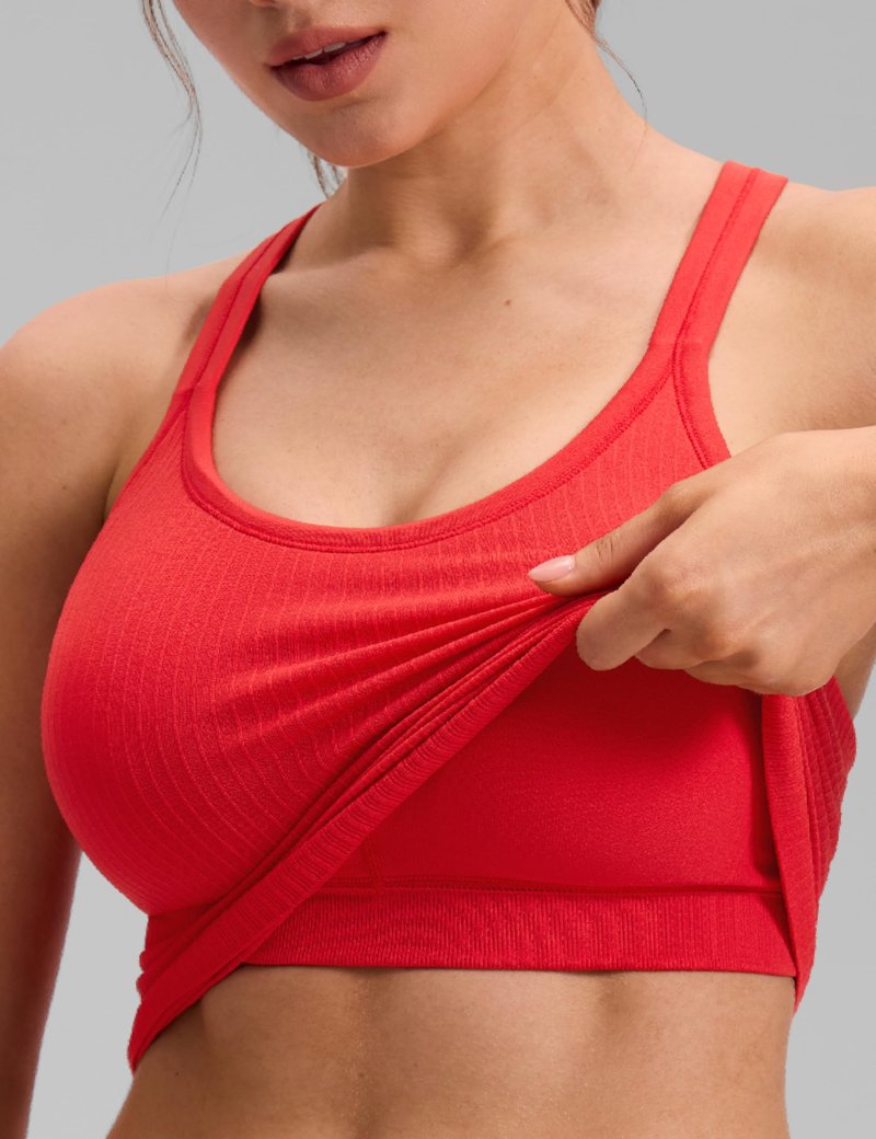CRZ YOGA Womens Seamless Ribbed Racerback Workout Tank Tops - Padded Scoop Neck Athletic Camisoles with Built in Bra Deep Red Small