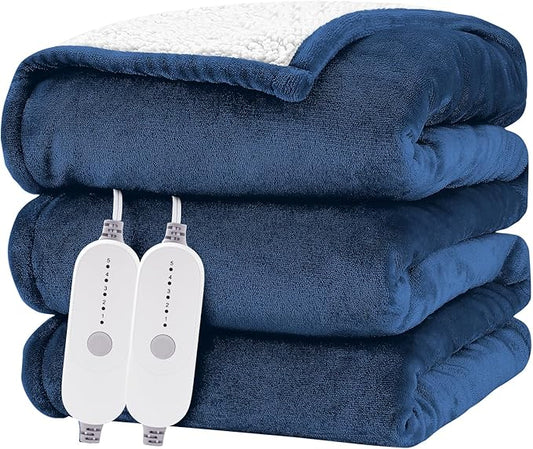 HYLEORY Heated Electric Blanket Queen 84"x90" Soft Fleece & Flannel with 5 Heating Levels & 10 Hours Timer Auto Shutt Off, ETL Certified, Washable，Heated Blanket for Body-Navy