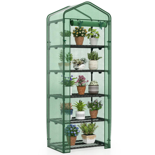 Giantex Mini Greenhouse Indoor Outdoor, 27" x 19" x 75" Portable Plant Grow House with 5 Tier Shelves, PE Cover, Roll-Up Zipper Door, Rustproof Elector-Coating Metal Frame for Patio Balcony Garden