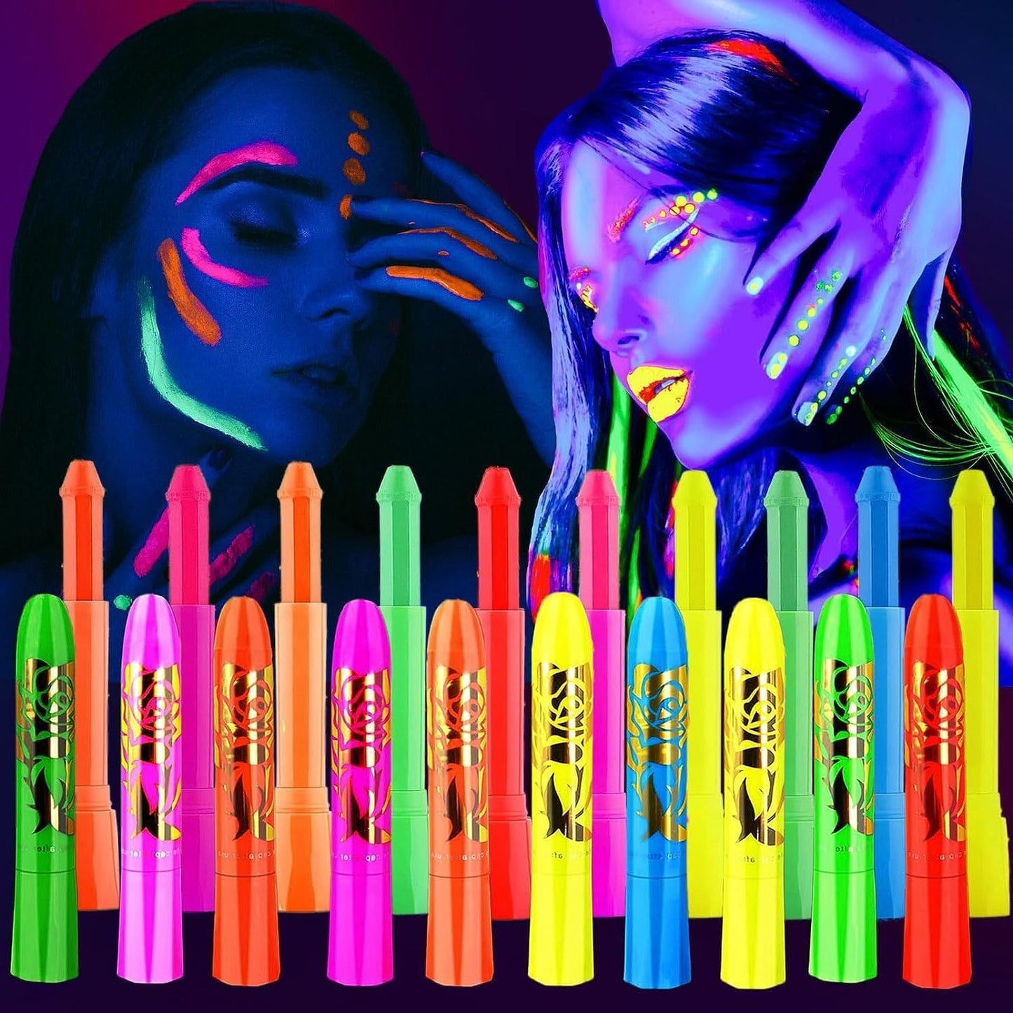 ONMAY UV Neon Face & Body Paint Stick -10 Glow-in-the-Dark Colors for Halloween, Parties, Raves-Safe Non-Toxic UV Reactive Makeup for Skin, Cosplay & Festivals