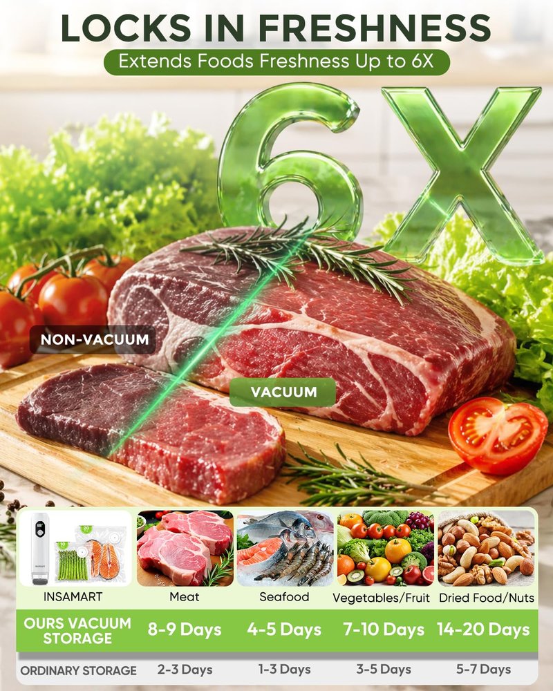 INSMART Compact Vacuum Sealer for Food (Vacuum Sealer Machine + 30 Reusable Vacuum Bags), Powerful Handheld Vacuum Sealer Machine with Visible Water Tank, LED Display & Portable