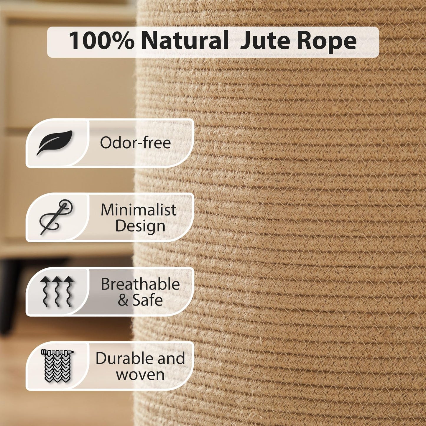 Jute Woven Rope Laundry Hamper, Tall Laundry Basket for Blanket Storage, Large Dirty Clothes Hamper for Toys, Decorative Baby Nursery Hamper for Bedroom, Living Room - Jute Brown, 58L