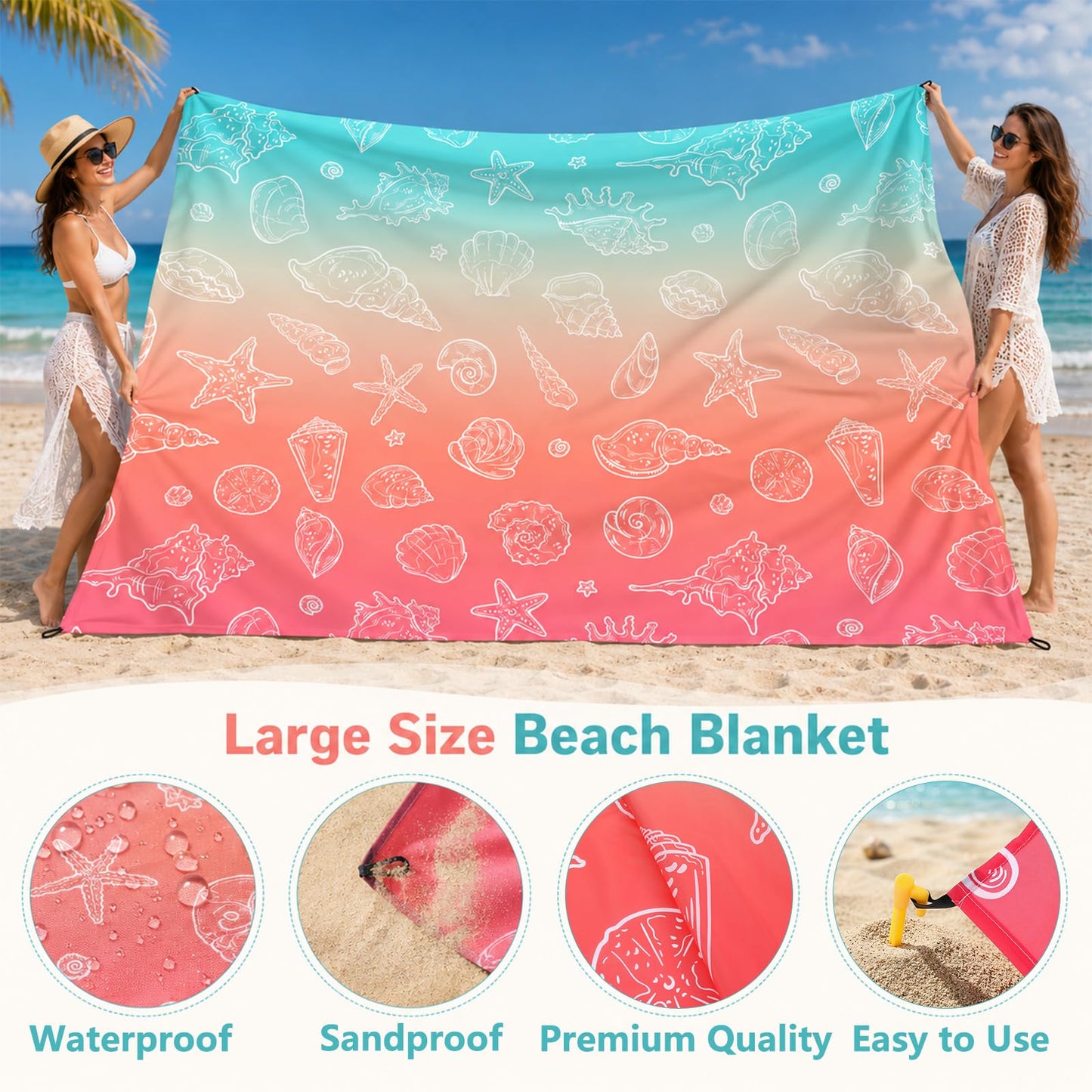 Beach Blanket Waterproof Sandproof 8 X 7 Ft Beach Mat 3–4 Adults Extra Large Outdoor Picnic Mat with Stakes & Travel Bag Foldable Beaches Essentials for Summer Outdoor Picnic Camp (Seashell Starfish)