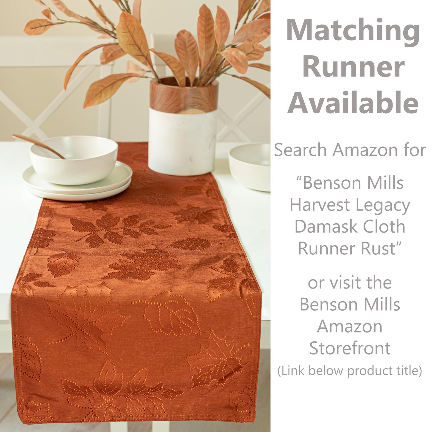 Benson Mills Harvest Legacy Damask Fabric Table Cloth Fall, Harvest, and Thanksgiving Tablecloth (Rust/Burnt Orange, 70" Round)