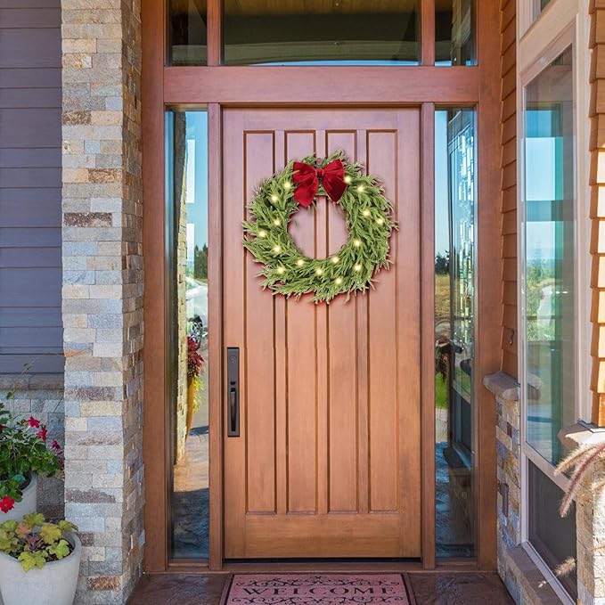 26 Inch Christmas Wreaths for Front Door with Lights,Lighted Norfolk Pine Door Wreath,Prelit Real Touch Artificial Green Winter Wreath with Large Burgundy Velvet Bow for Indoor Outdoor Decor