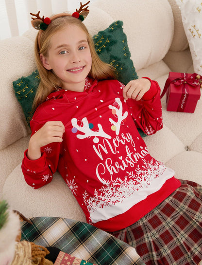 PATPAT Girls Christmas Graphic Hoodies Size 12-13 Years Red Long Sleeve Letter Print Pullover Hooded Sweatshirts Casual Cute Tops for Big Kids