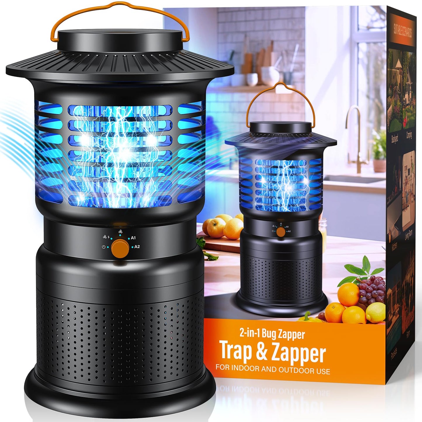Bug Zapper Outdoor & Mosquito Trap, 4-in-1 Mosquito Zapper with Ultra-Quiet Suction, Rechargeable Fly Traps with 10,000mAh Long Battery Life, Auto On/Off Insect Zapper for Yard, Home, Camping, Black